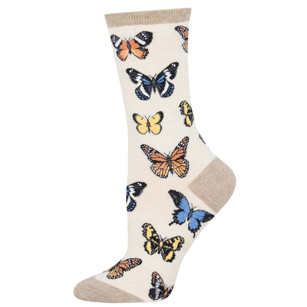 Socksmith Majestic Butterflies crew socks in ivory heather with colorful butterfly pattern