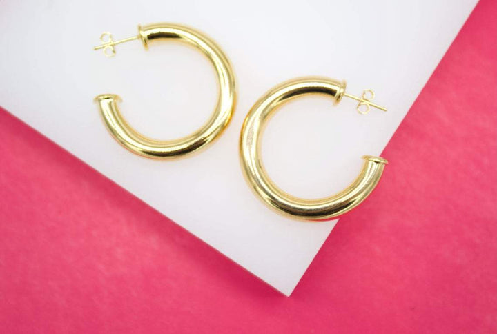 18K Gold Filled 6mm Thick Open Hoop Stud Hoop Earrings
