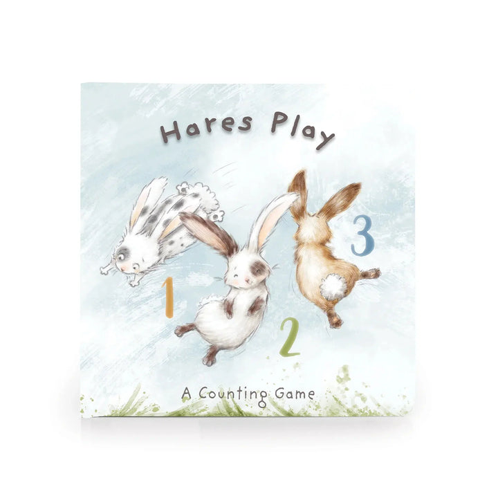 Bunnies by the Bay 'Hares Play' counting game book featuring three illustrated jumping hares