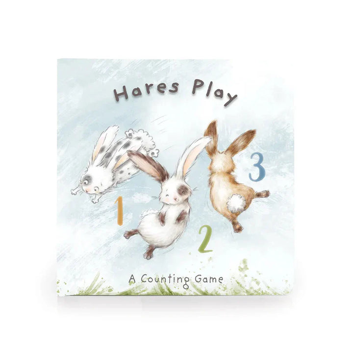 Hares Play counting book cover featuring three numbered rabbits on light blue background