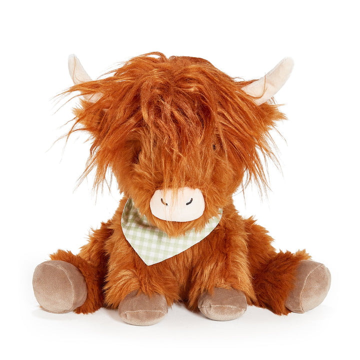 Bunnies By the Bay Hamish the Highland Cow plush stuffed animal with shaggy auburn fur and green gingham bandana