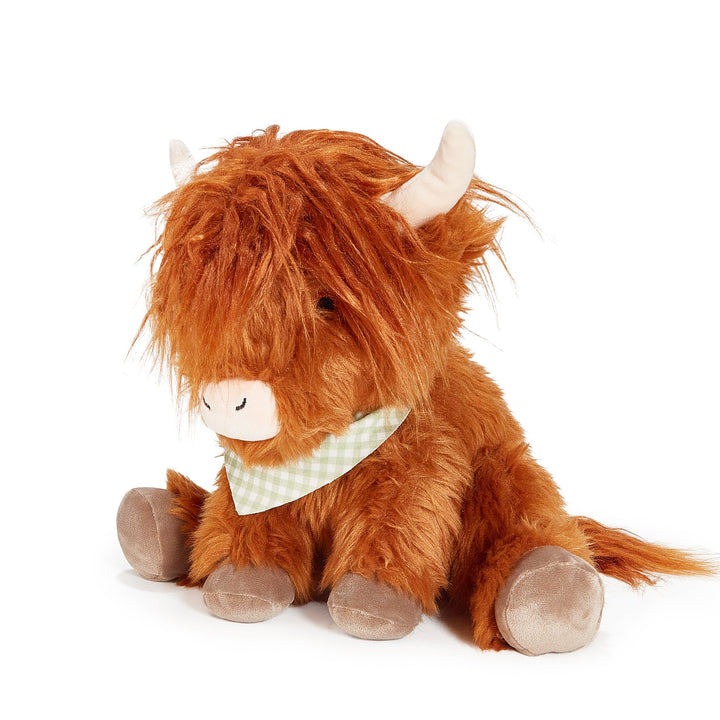 Bunnies By the Bay Hamish the Highland Cow plush toy with shaggy auburn fur and green gingham bandana
