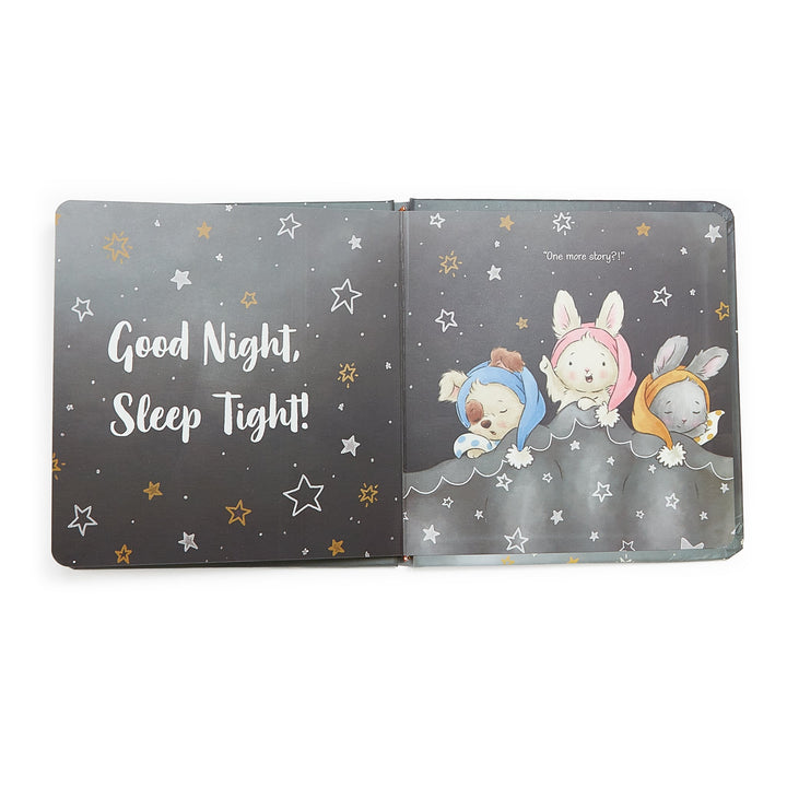 Bunnies by the Bay Good Night Sleep Tight board book open showing interior pages with sleeping animal illustrations