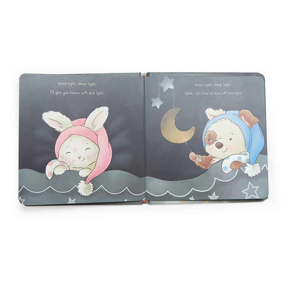 Bunnies by the Bay Good Night Sleep Tight board book open spread showing bunny and puppy characters