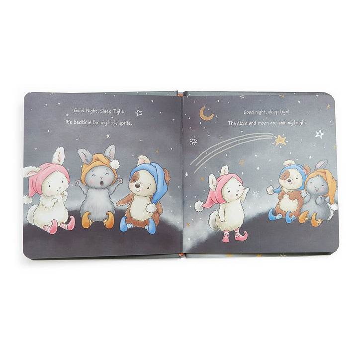 Bunnies by the Bay Good Night Sleep Tight children's board book open spread showing animal characters under starry night sky