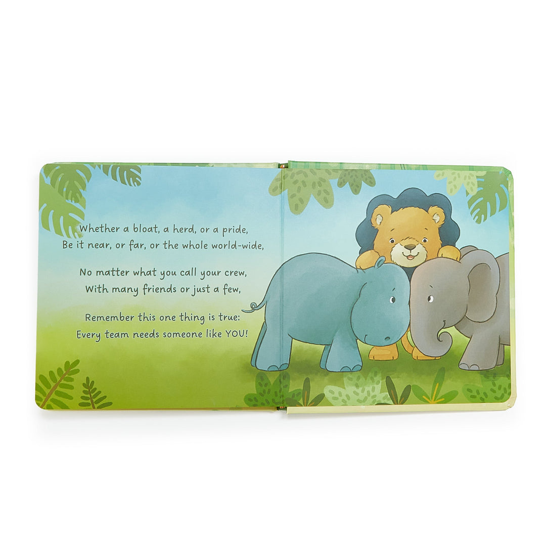 Open Critter Crews board book showing jungle animals and friendship poem inside spread.