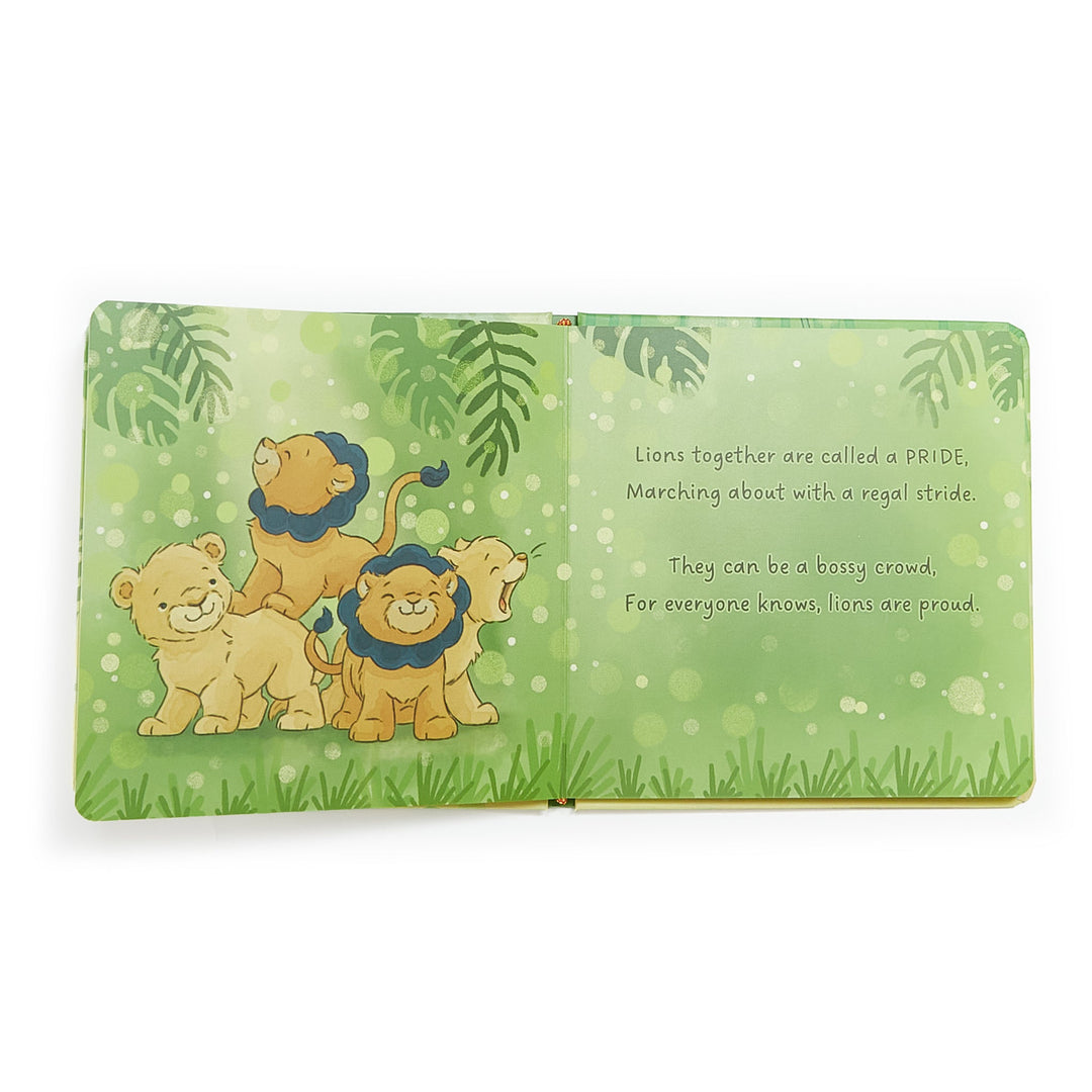 Open Critter Crews Board Book showing illustrated lions on green jungle background with rhyming text