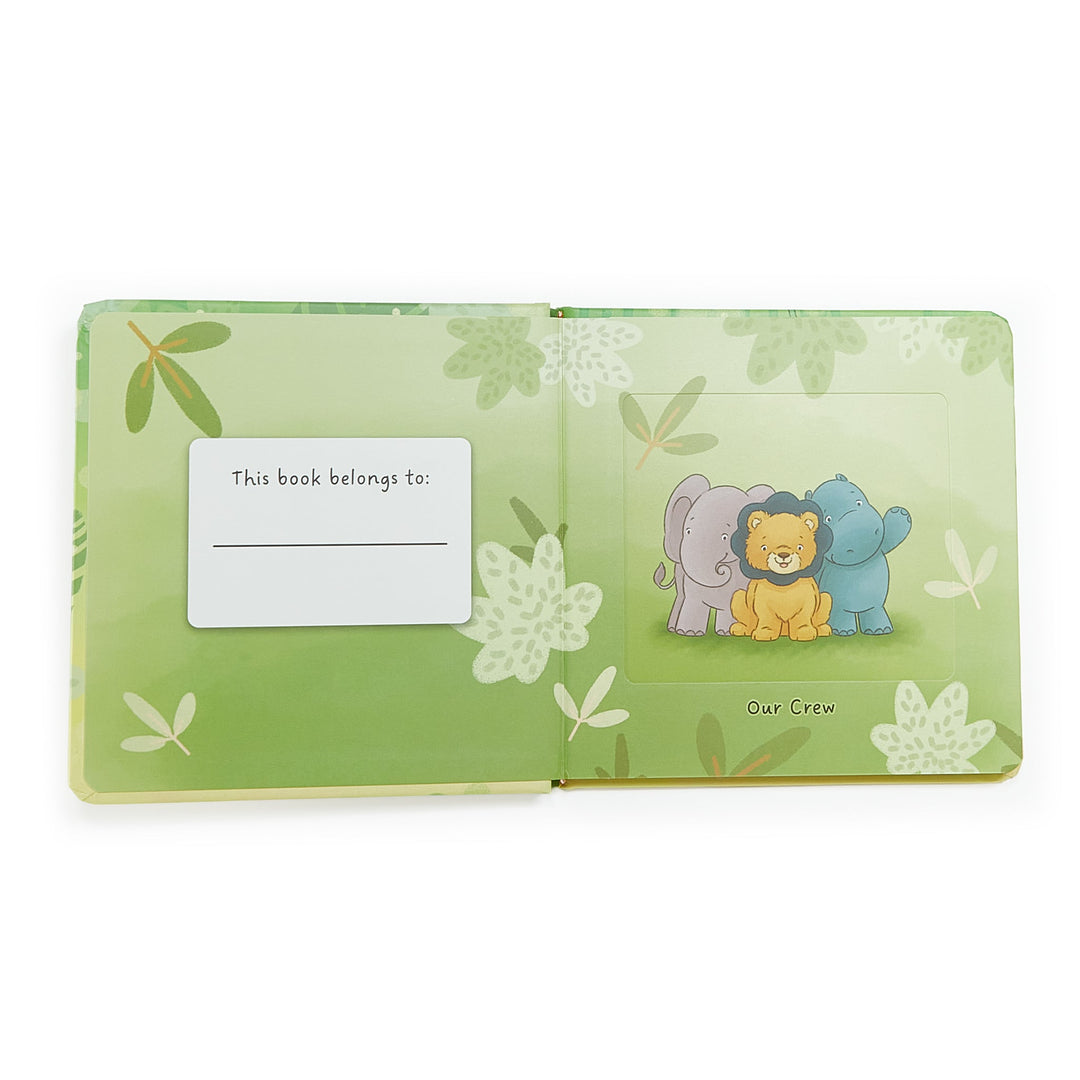 Open Critter Crews Board Book showing jungle animals and ownership label page