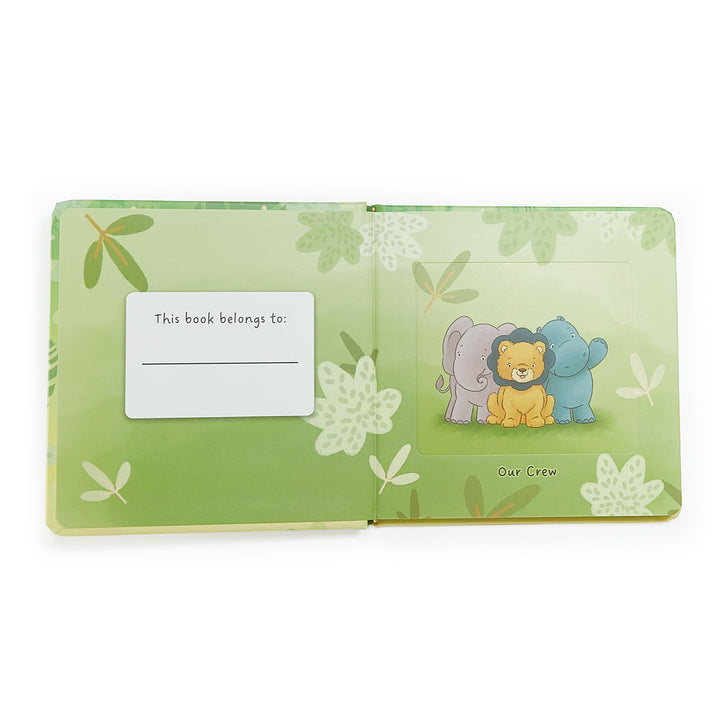 Open Critter Crews Board Book showing jungle animals and ownership label page