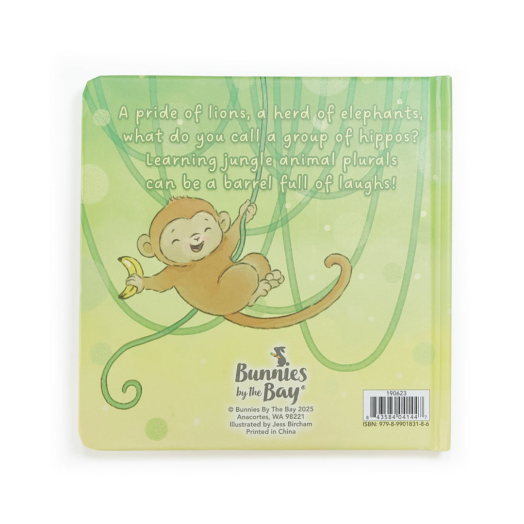 Back cover of Critter Crews Board Book by Bunnies By the Bay featuring a happy monkey swinging on vines
