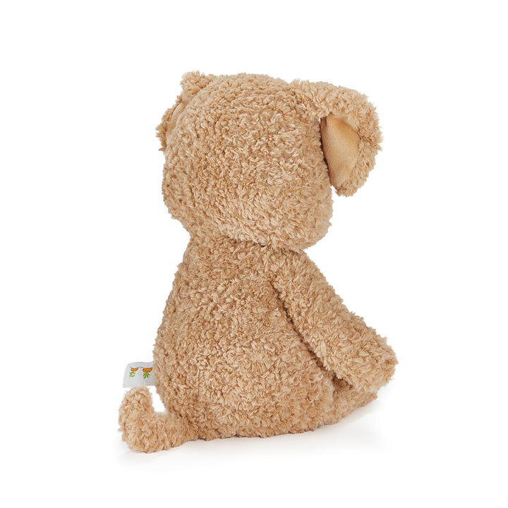 Back view of Rufus the Dog stuffed animal plush toy in tan curly fur by Bunnies By the Bay