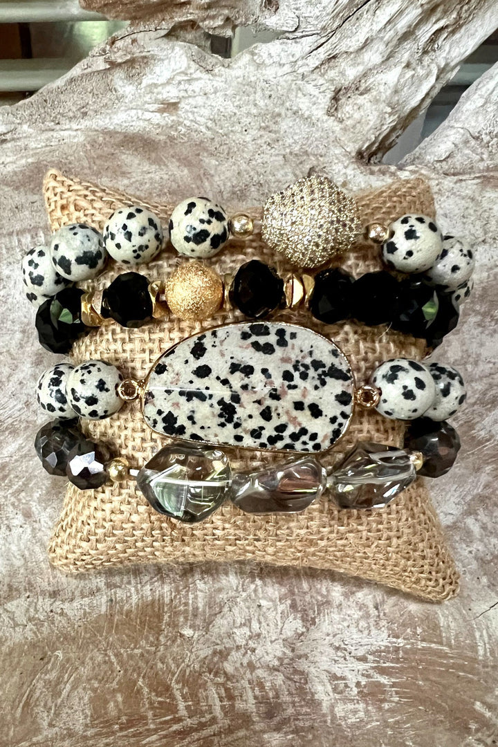 Dylan Jewelry Julia Bracelet Set with dalmatian jasper, black crystals, and gold accents