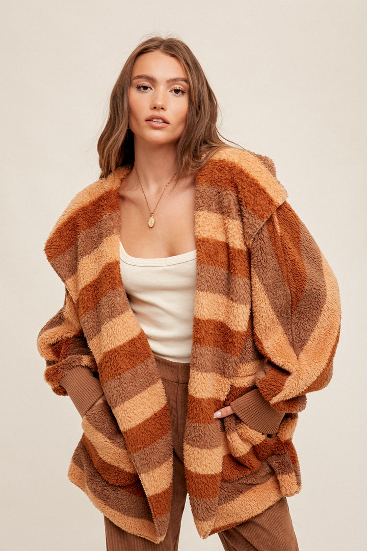 Multi Color Stripe Fur Oversized Hoodie Jacket
