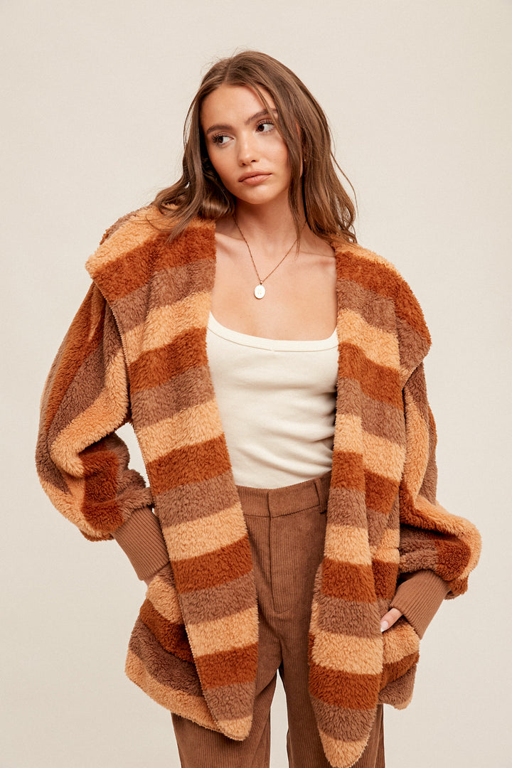 Multi Color Stripe Fur Oversized Hoodie Jacket