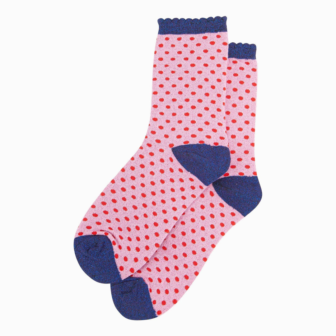 Pink cotton glitter ankle socks with red polka dots and navy blue scallop cuffs