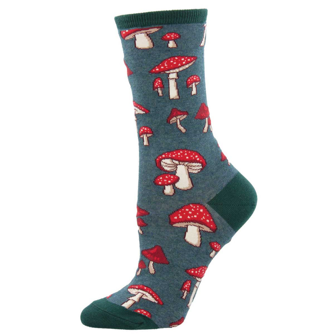 Socksmith Pretty Fly For A Fungi crew socks in green heather with red mushroom pattern