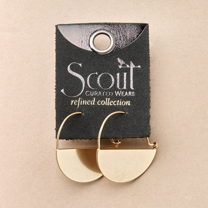 Scout Curated Wears Refined Collection lunar hoop earrings in gold on branded packaging card