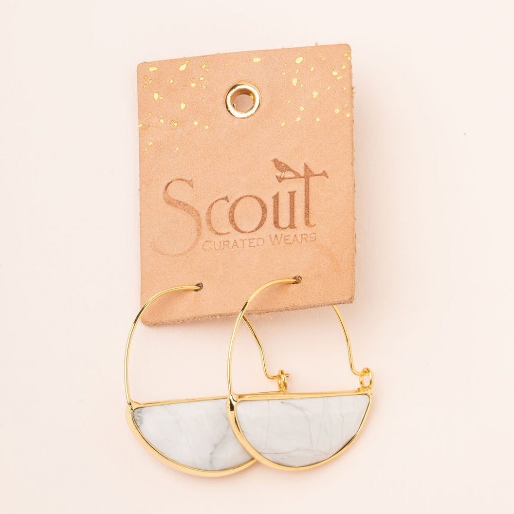 Scout Stone Prism Hoop earrings in white marble and gold finish on branded card