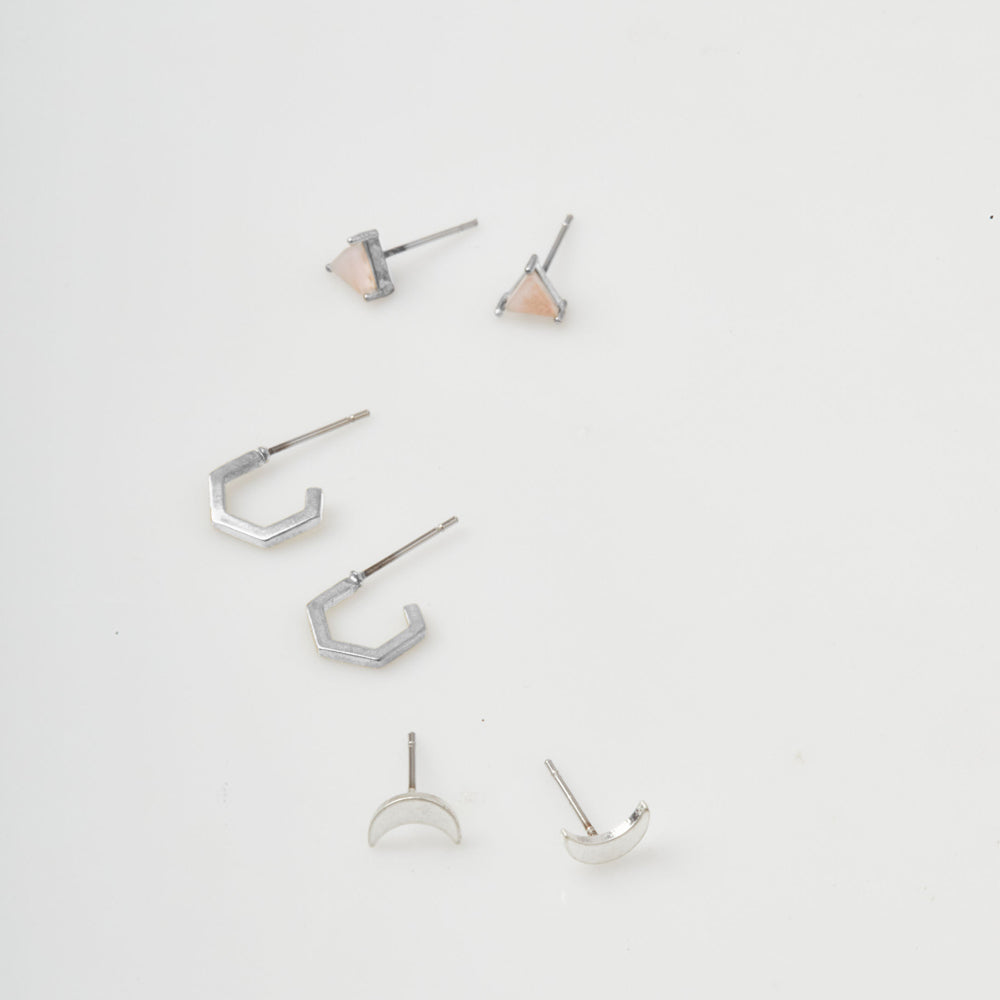 Scout Stud Trio silver earring set with geometric shapes and peach stone accents