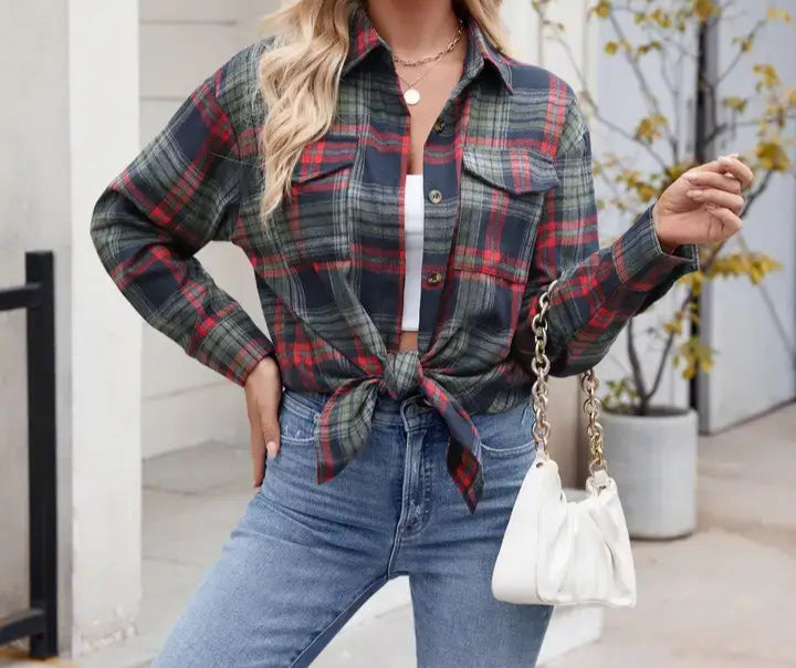 Casual Loose Fit Plaid Button Shirt