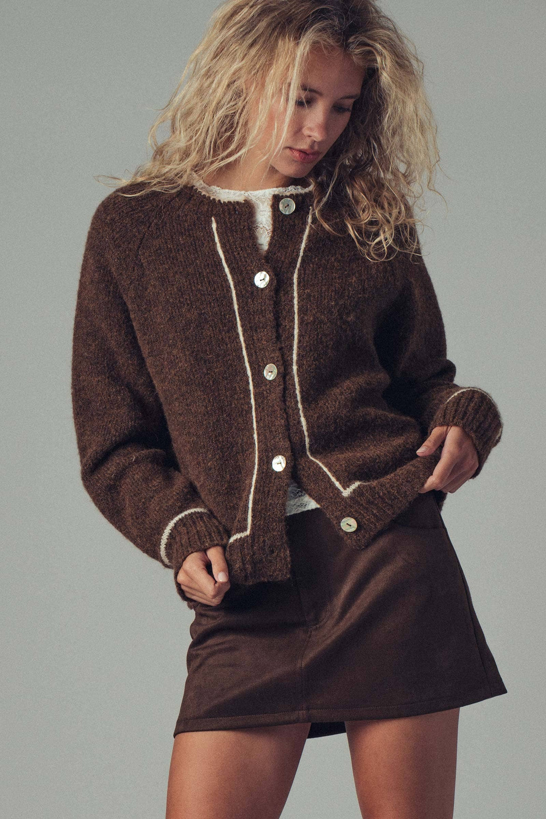 Contrast Trim Boho Knit Button Cardigan