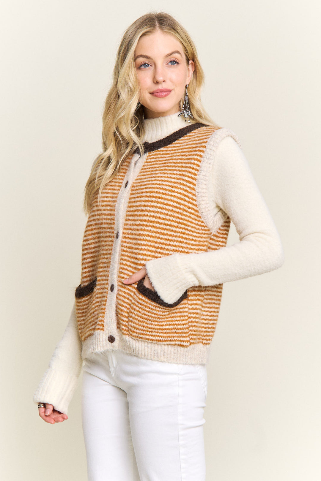 Textured Button Down Front Sweater Vest