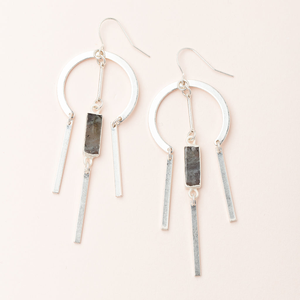 Silver geometric earrings with dark labradorite stone bars and dangling metal elements