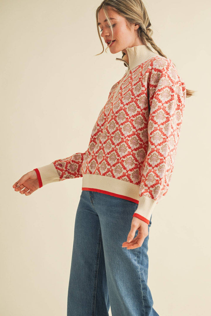 Floral Mock Neck ½ Pullover