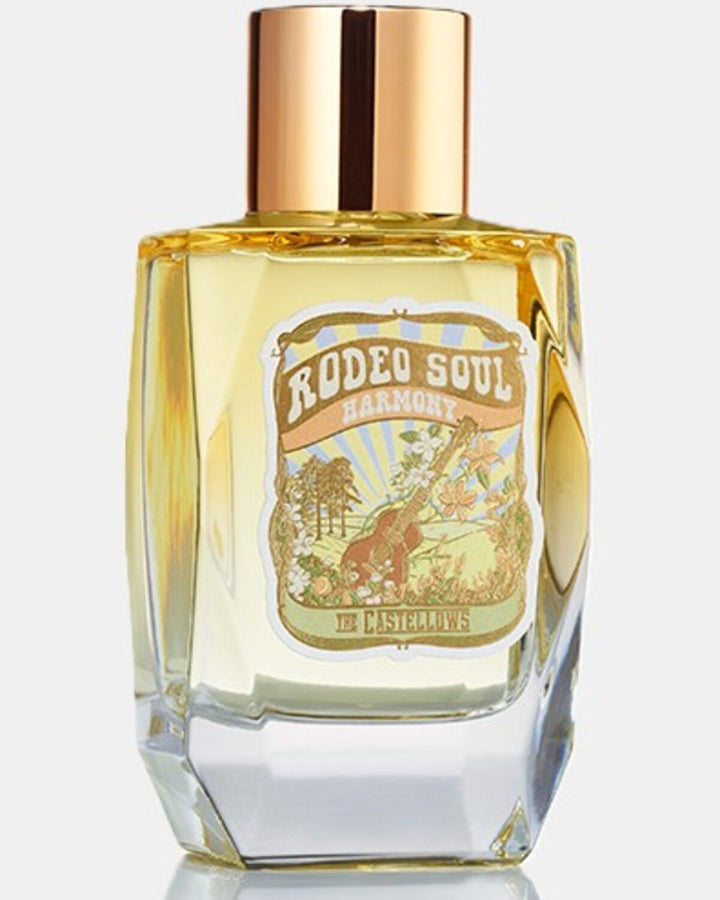 Rodeo Soul Harmony EDP 100ml perfume bottle with rose gold cap and vintage western label by Castellys