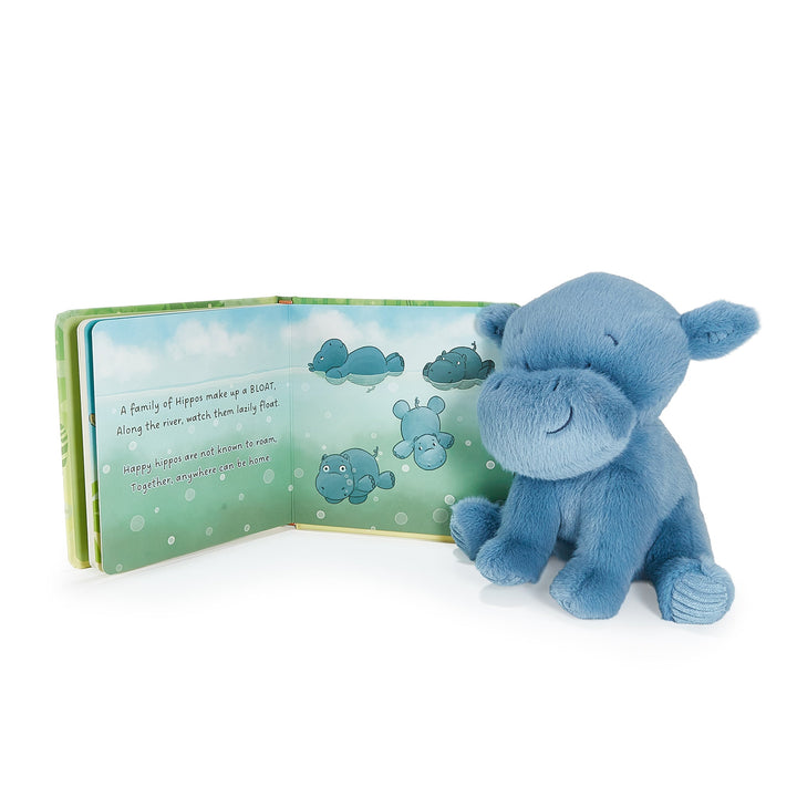 Bunnies by the Bay Little Henny the Hippo blue plush toy beside matching children's board book