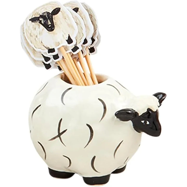 Cream sheep-shaped ceramic toothpick holder with black face and wooden toothpicks