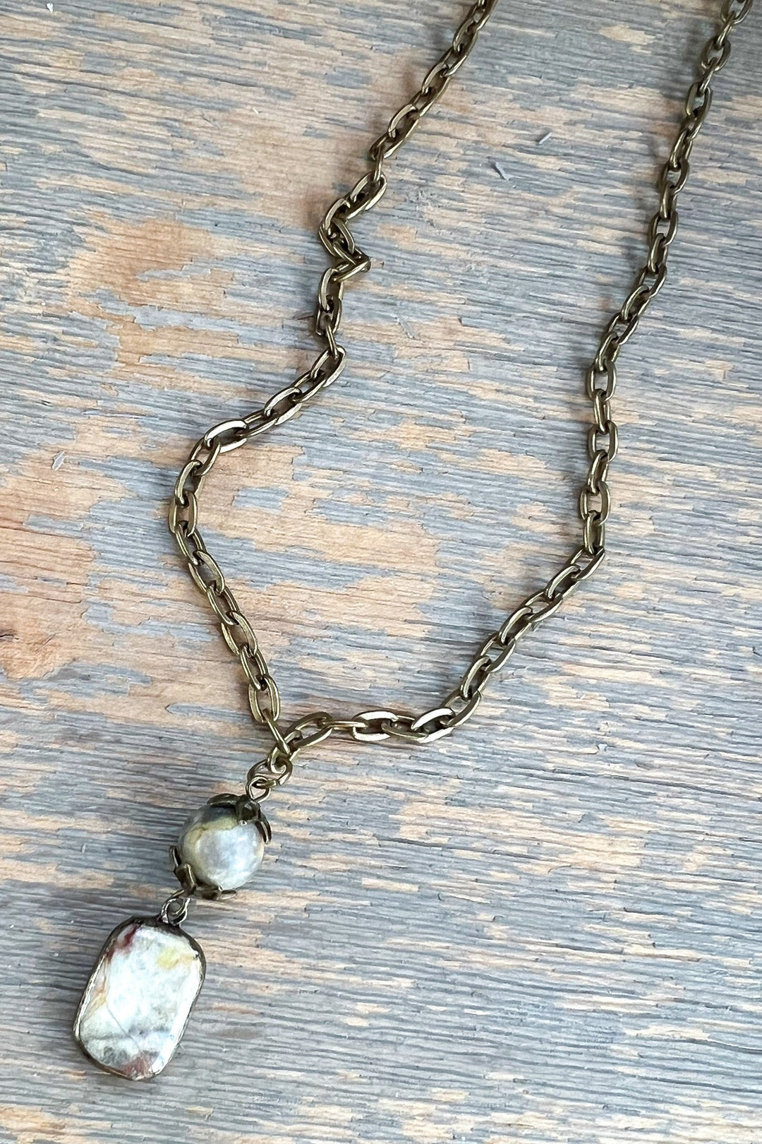 Dylan Jewelry Short Sicily Necklace with brass chain and pearl stone pendants
