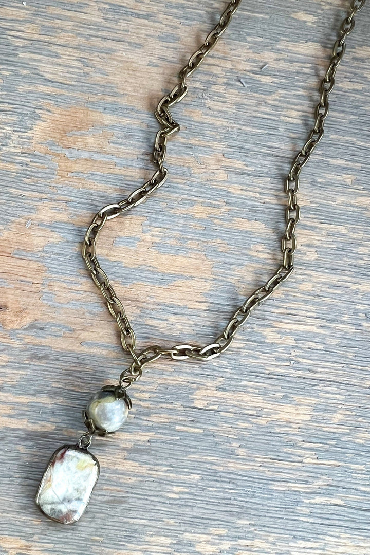 Dylan Jewelry Short Sicily Necklace with brass chain and pearl stone pendants