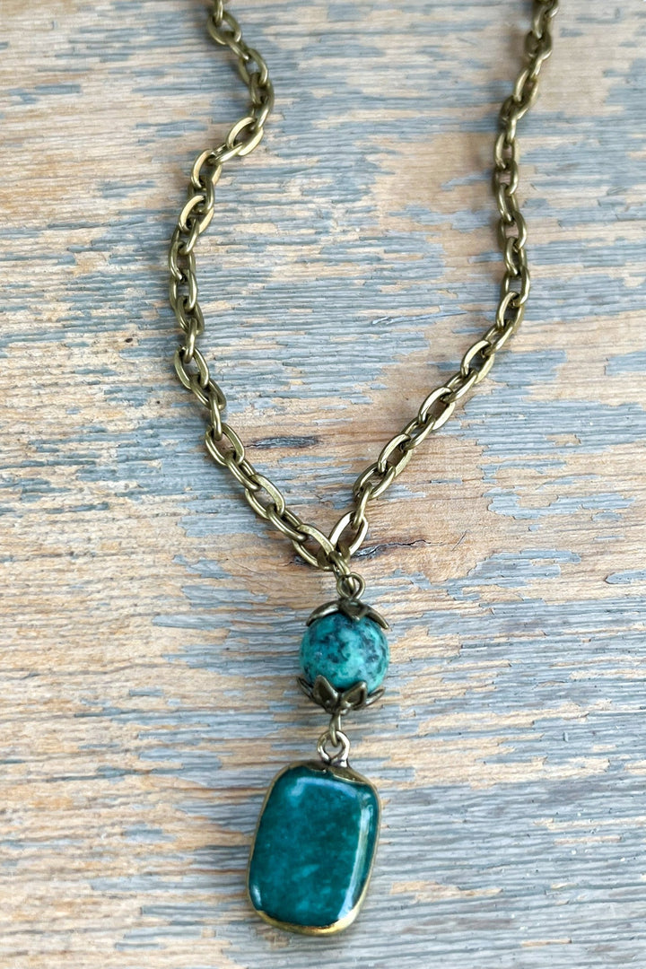 Dylan Jewelry Short Sicily Necklace with brass chain and double turquoise stone pendant
