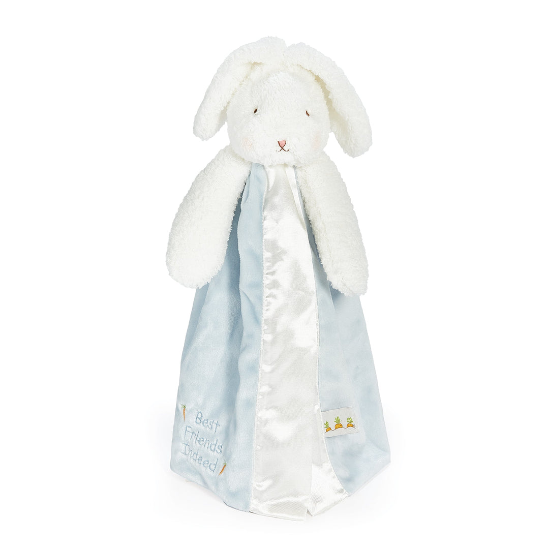 White plush bunny lovey with light blue blanket featuring embroidered text and carrot design