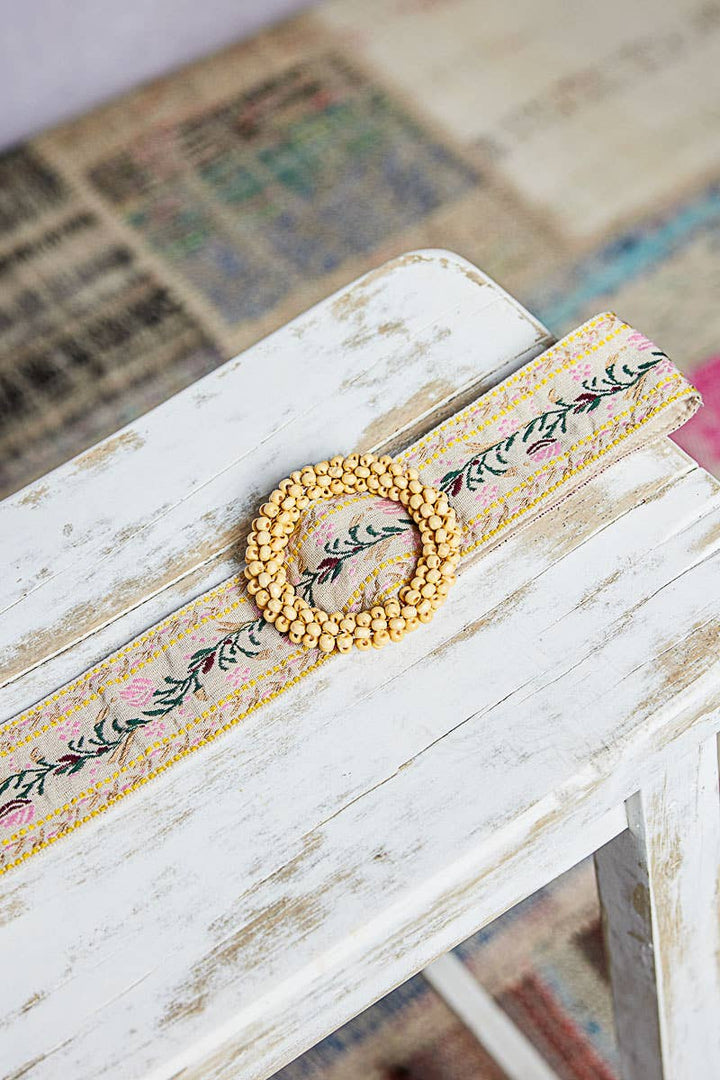 Beaded Round Buckle Embroidered Floral Belt