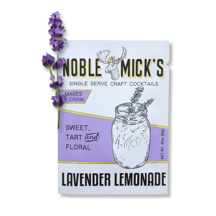 Noble Mick's Lavender Lemonade single serve craft cocktail packet with fresh lavender sprig