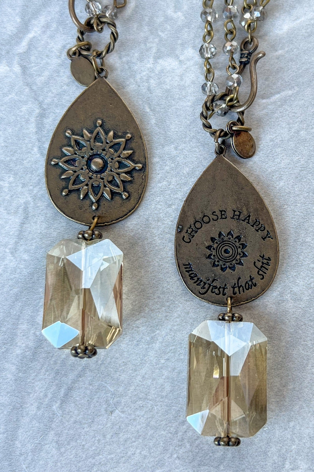 Bronze teardrop necklace with mandala design engraved &