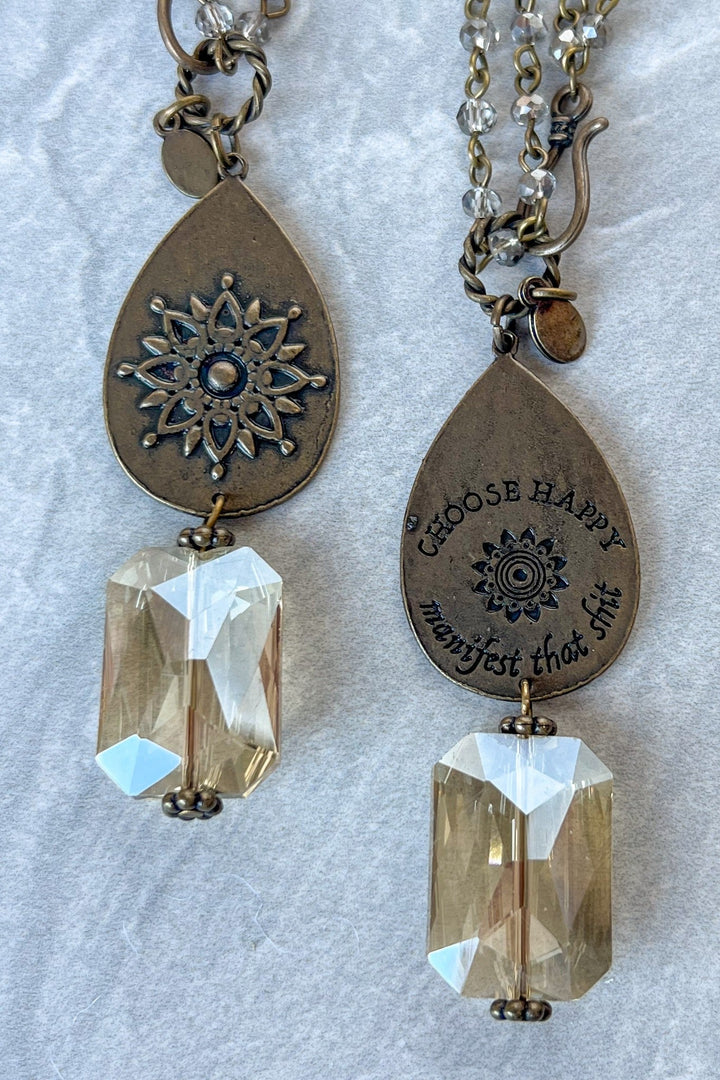 Bronze teardrop necklace with mandala design engraved &