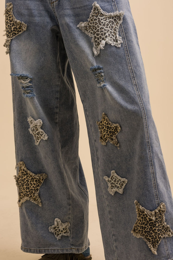 Leopard Star Patch Wide Leg Pants With Elastic Waist