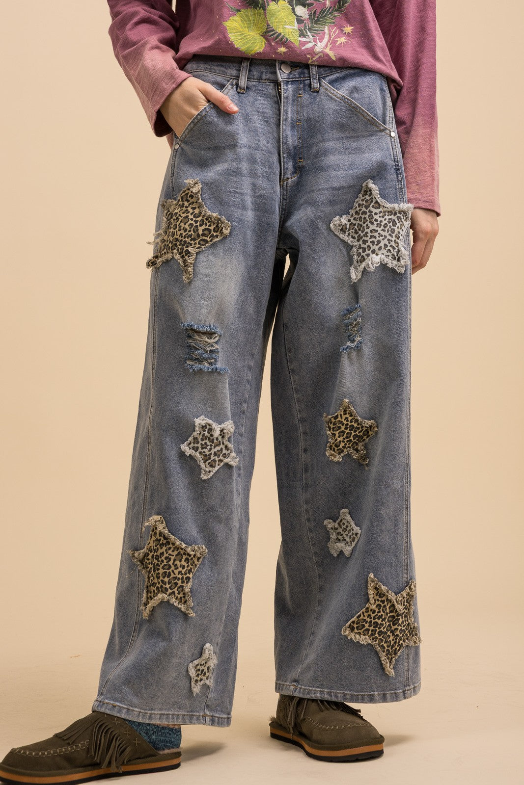 Leopard Star Patch Wide Leg Pants With Elastic Waist
