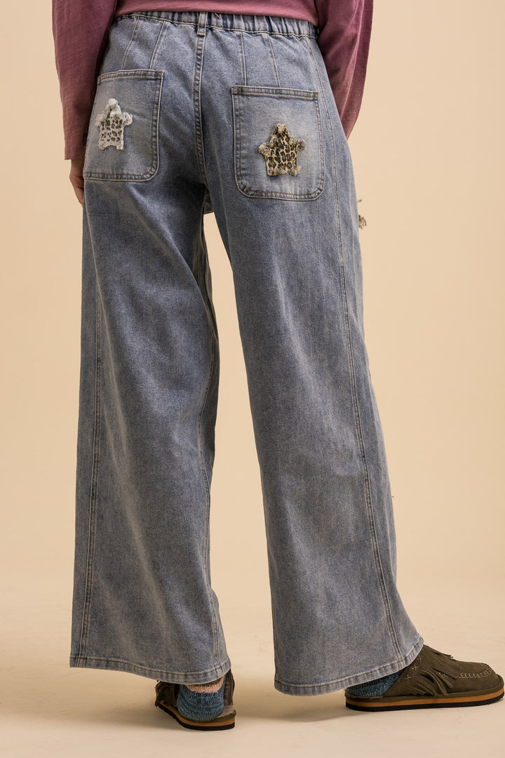 Leopard Star Patch Wide Leg Pants With Elastic Waist