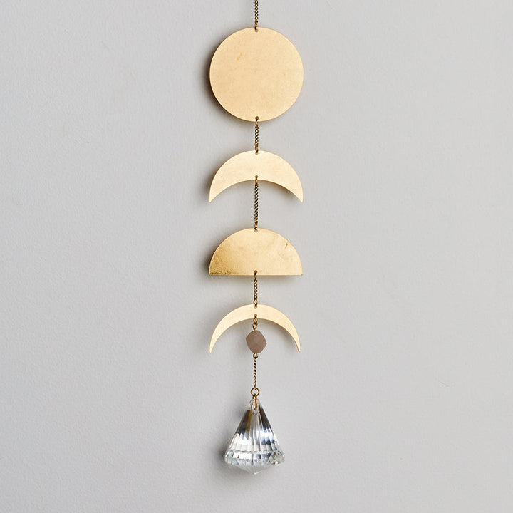 Scout moon phase suncatcher with gold brass lunar shapes and hanging crystal prism