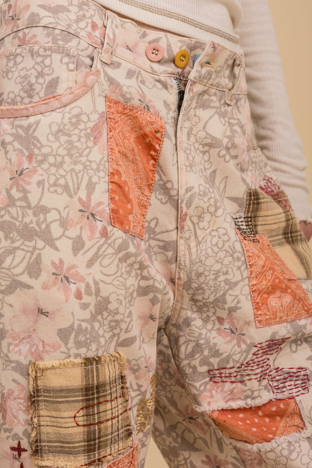 Back Elastic Print Patch Work Pants