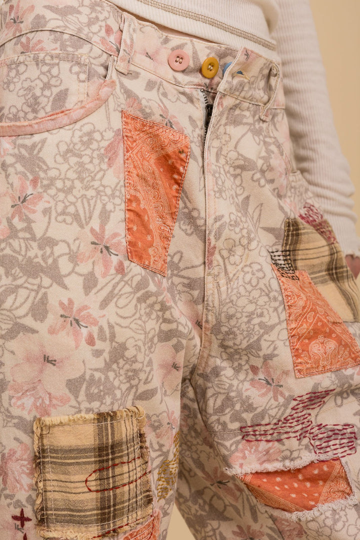 Back Elastic Print Patch Work Pants