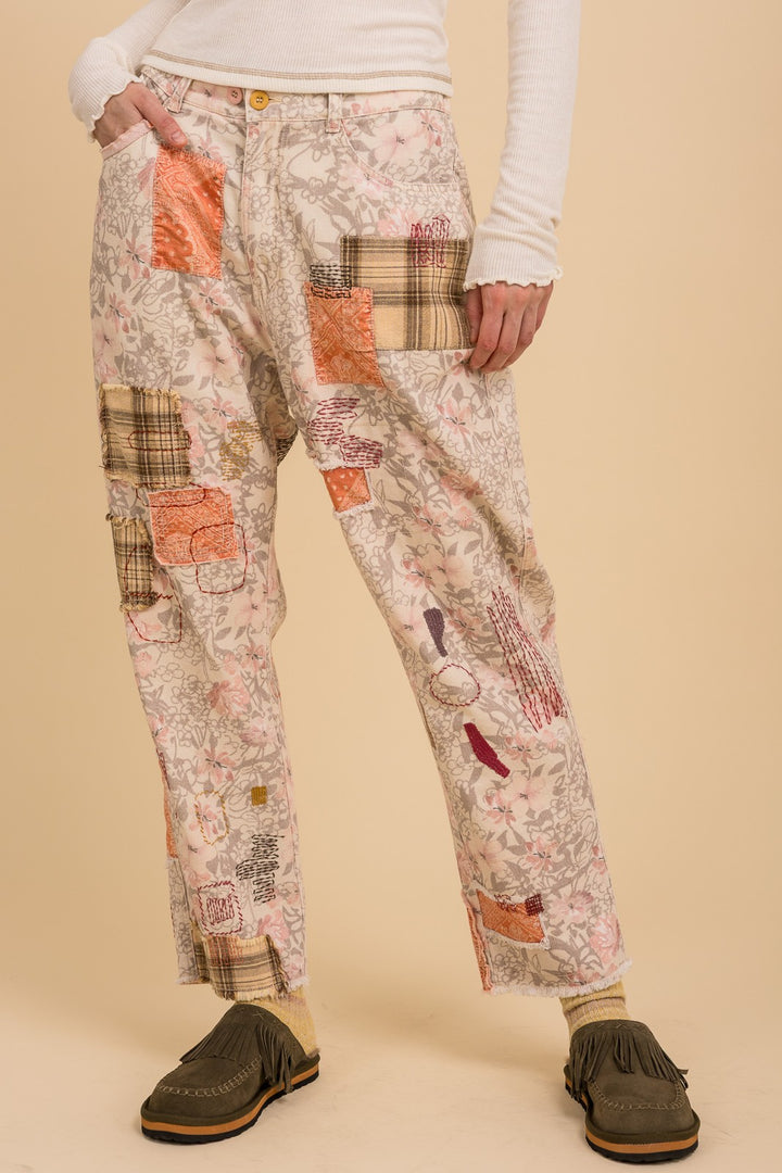 Back Elastic Print Patch Work Pants