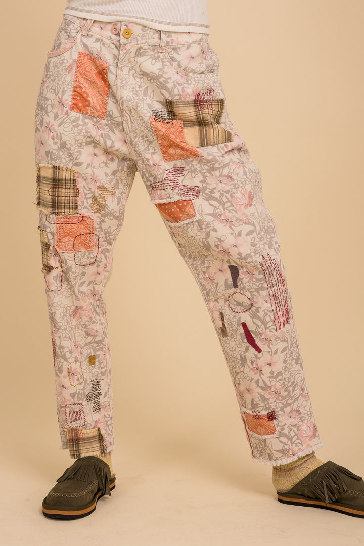 Back Elastic Print Patch Work Pants