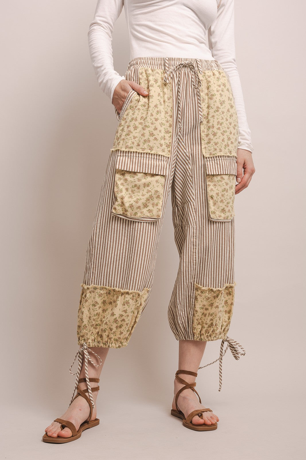 Stripe And Floral Cargo Jogger Pants