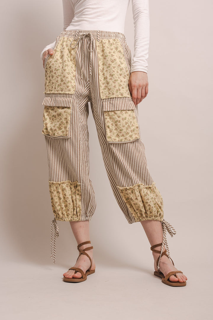 Stripe And Floral Cargo Jogger Pants