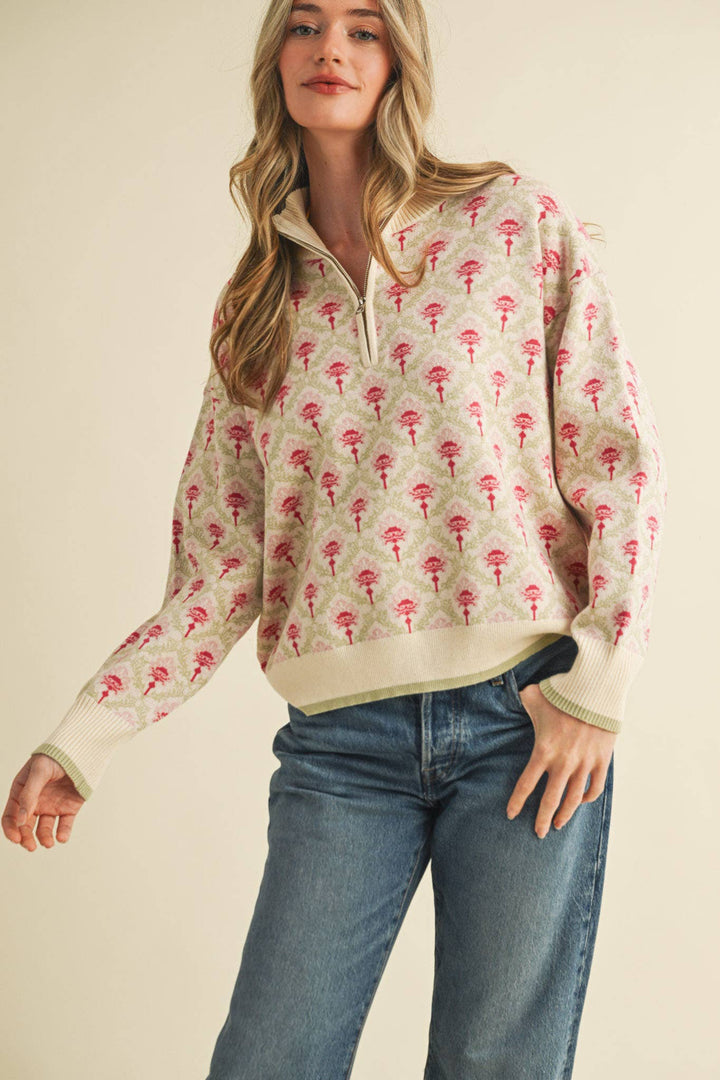 Floral Mock Neck ½ Pullover